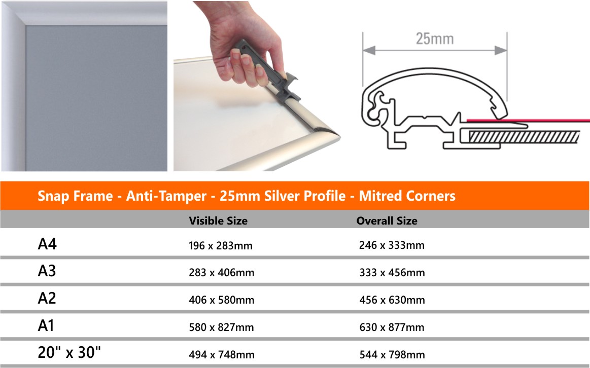 antitamper security snap frames 25mm silver profile